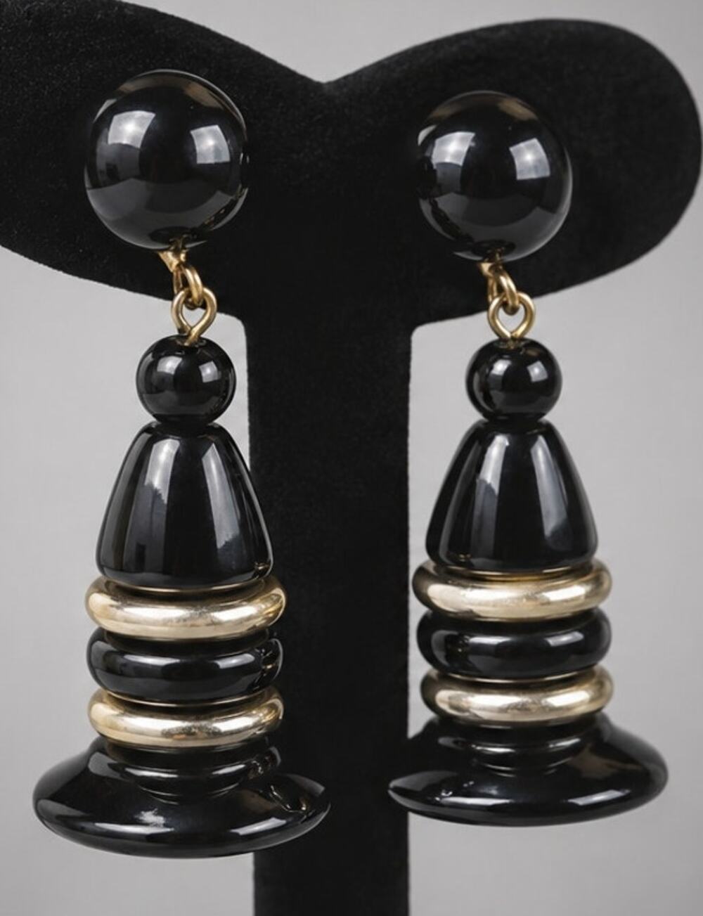 Vintage Black & Silver Mid-century Long Dangle Screw Back Earrings Lucite sb-32 - Picture 1 of 7